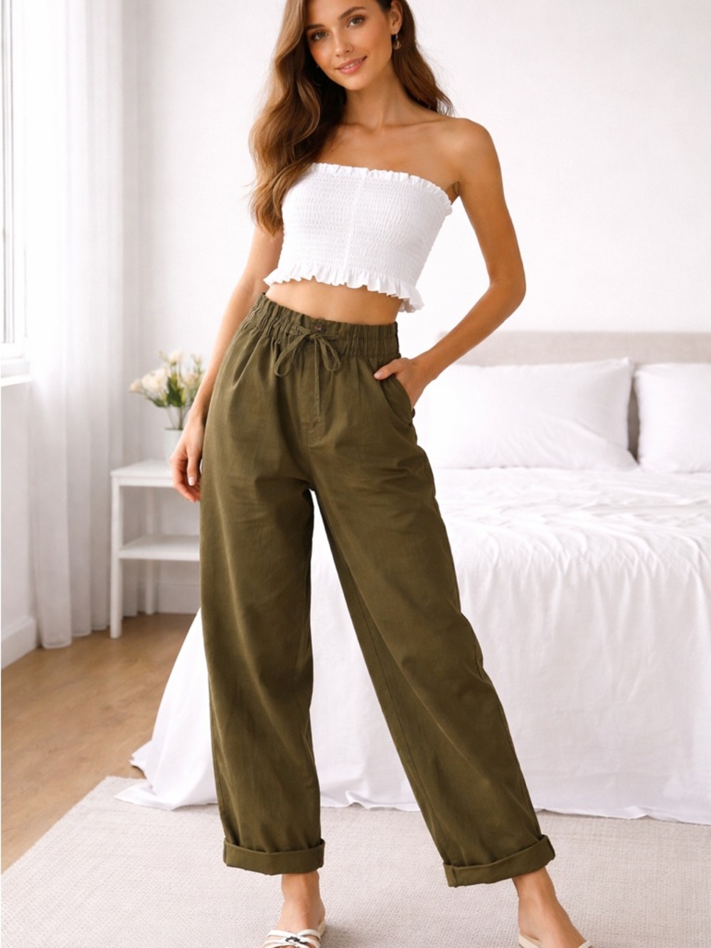 NWT High-Waist Paperbag Cargo Pants - Olive Green